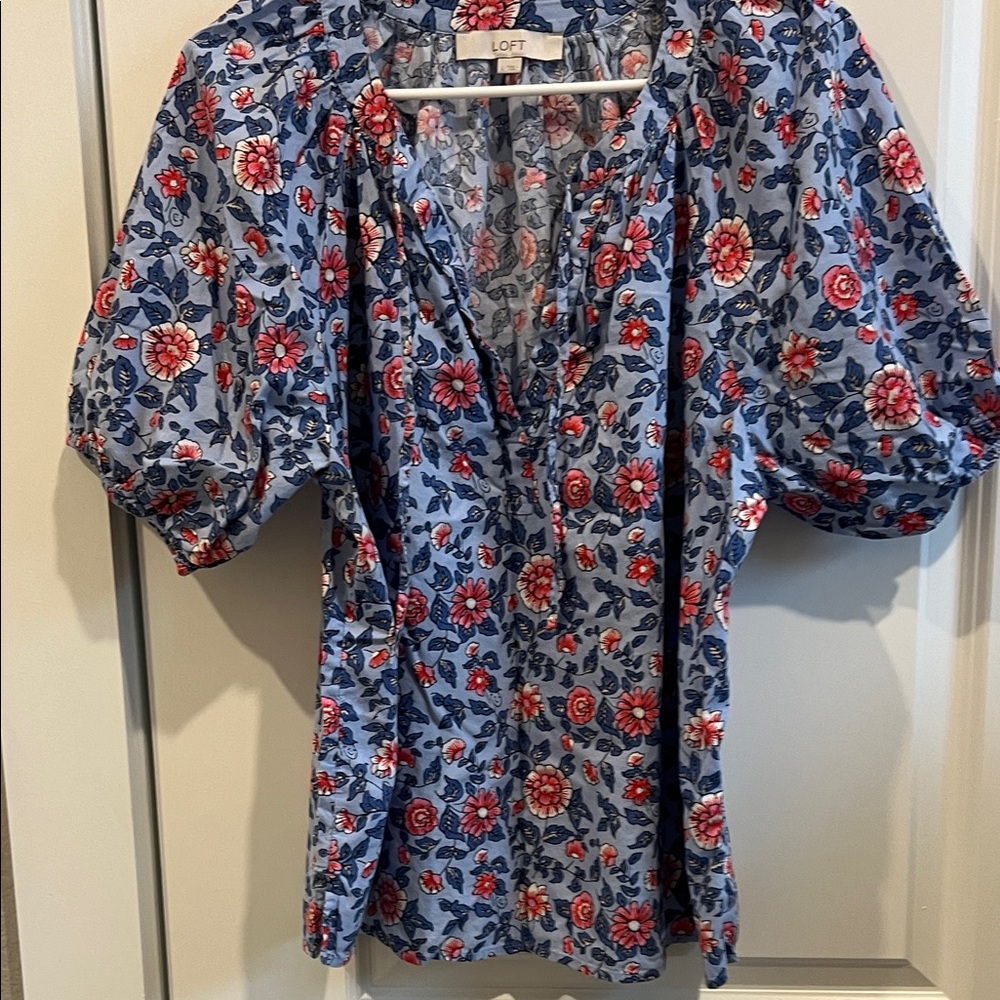 LOFT Blue and Red Floral Blouse